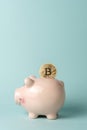 Bitcoin cryptocurrency gold coin with piggy bank on blue background. Minimal investing concept Royalty Free Stock Photo