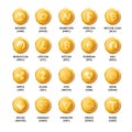 Bitcoin cryptocurrency golden coins icons. Vector isolated symbols and different types of virtual digital currency and internet m