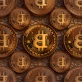 Bitcoin. Cryptocurrency. Golden coins with bitcoin symbol on cracked background. 3D rendering Royalty Free Stock Photo