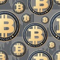 BITCOIN. Cryptocurrency growth chart. Bullish candle. Gold coin on grey background. Seamless pattern
