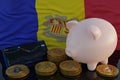 Bitcoin and cryptocurrency investing. Andorra flag in background. Piggy bank, the of saving concept. Mobile application for