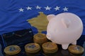 Bitcoin and cryptocurrency investing. Kosovo flag in background. Piggy bank, the of saving concept. Mobile application for trading