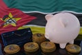 Bitcoin and cryptocurrency investing. Mozambique flag in background. Piggy bank, the of saving concept. Mobile application for