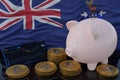 Bitcoin and cryptocurrency investing. South Georgia and the South Sandwich Islands flag in background. Piggy bank, the of saving