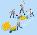 Bitcoin cryptocurrency mining concept. Group of business man use pickaxe working coin mine. Royalty Free Stock Photo