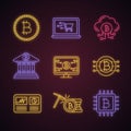 Bitcoin cryptocurrency neon light icons set Royalty Free Stock Photo