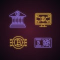 Bitcoin cryptocurrency neon light icons set