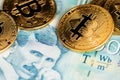 Bitcoin cryptocurrency on Serbian money Dinar banknotes close up image. Portrait of scientist Nikola Tesla. Royalty Free Stock Photo