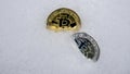 Bitcoin. Cryptocurrency on snow, in the background. The concept of freelancing, the stock exchange. Gold bitcoin on cold