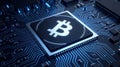 Bitcoin cryptocurrency symbol prominently featured on a glowing digital computer microchip processor closeup Royalty Free Stock Photo
