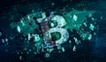 Bitcoin cryptocurrency symbols on digital globe background
