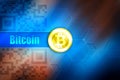 Bitcoin cryptocurrency wallpaper. Bitcoin symbol on the gold coin, title `bitcoin` at blue background.
