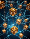 Bitcoin Cubes Floating in Digital Mesh AI Generative