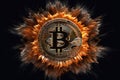 Bitcoin curency in explosion on black background, IA generative Royalty Free Stock Photo