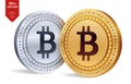 Bitcoin. 3D isometric Physical coins. Digital currency. Cryptocurrency. Golden and silver coins with bitcoin symbol isolated on wh