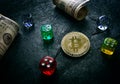 Bitcoin dice and money Royalty Free Stock Photo