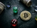 Bitcoin with dice and money Royalty Free Stock Photo