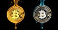 Bitcoin Dichotomy with Liquid Gold and Blue Royalty Free Stock Photo