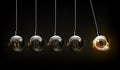 Bitcoin digital currency, dollar, euro, pound sterling, yen and yuan in form of Newton cradle, fintech world finance concept