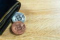 Bitcoin digital currency instead real money, bit-coin with leather wallet or purse on wooden working table, virtual Royalty Free Stock Photo