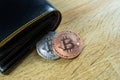 Bitcoin digital currency instead real money, bit-coin with leather wallet or purse on wooden working table, virtual Royalty Free Stock Photo