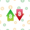 Bitcoin digital currency symbol with arrows up and down. Crypto currency inflation, deflation, evaluation or devaluation Royalty Free Stock Photo