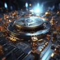 Bitcoin digital money on CPU circuit computer motherboard. Cryptocurrency symbol in DeFi. Blockchain data online trading. Cross-