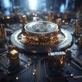 Bitcoin digital money on CPU circuit computer motherboard. Cryptocurrency symbol in DeFi. Blockchain data online trading. Cross-