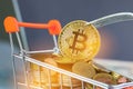 Bitcoin Digital Virtual money on Coins shopping cart with Hard Fork. Concept of Blockchain Transaction System Crisis , Bitcoin
