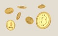 Bitcoin, Dogecoin and Ethereum coin flying on clear background. Coins cryptocurrency Royalty Free Stock Photo