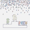 Bitcoin, dollar, euro, pound, yen on the podium. Bitcoin is the winner. Flat design. Vector illustration Royalty Free Stock Photo
