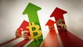 Bitcoin, dollar, euro, yen and pound symbols and rising arrows Royalty Free Stock Photo