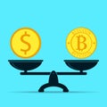 Bitcoin and dollar on scales. Balance of money and cryptocurrency. Flat design of business vector.