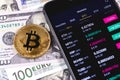 Bitcoin, dollars, euro and smartphone
