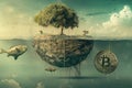 Bitcoin Drifting Next to Tree, Capture the essence of financial freedom through a surreal interpretation of cryptocurrency
