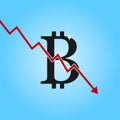 Bitcoin drop graph. Bitcoin sign with arrow down. Concept of cryptocurrency lesion and fall of. Vector. Royalty Free Stock Photo