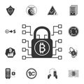 Bitcoin electronic security lock vector icon. Crypto currency set icons