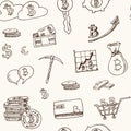 Bitcoin elements hand drawn doodle seamless pattern. Sketches. Vector illustration for design and packages product