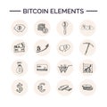 Bitcoin elements hand drawn doodle set. Sketches. Vector illustration for design and packages product. Symbol collection