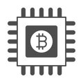 Bitcoin emblem on circuit microchip solid icon, cryptocurrency concept, BTC processor vector sign on white background