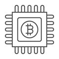 Bitcoin emblem on circuit microchip thin line icon, cryptocurrency concept, BTC processor vector sign on white