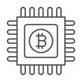 Bitcoin emblem on circuit microchip thin line icon, cryptocurrency concept, BTC processor vector sign on white Royalty Free Stock Photo