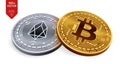 Bitcoin and EOS. 3D isometric Physical coins. Digital currency. Cryptocurrency. Silver coin with EOS symbol and golden