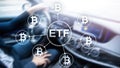 Bitcoin ETF cryptocurrency trading and investment concept on double exposure background.