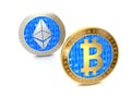 Bitcoin and Ethereum. Coins with bitcoin and ethereum symbol isolated on white background. Blurred background.