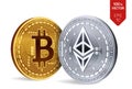 Bitcoin and Ethereum. 3D isometric Physical coins. Digital currency. Cryptocurrency. Golden bitcoin and silver Ethereum coins .