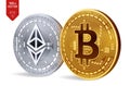 Bitcoin and Ethereum. 3D isometric Physical coins. Digital currency. Cryptocurrency. Golden bitcoin and silver Ethereum coins .