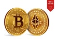 Bitcoin and Ethereum. 3D isometric Physical coins. Digital currency. Cryptocurrency. Golden coins with bitcoin and