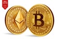 Bitcoin and Ethereum. 3D isometric Physical golden coins. Digital currency. Cryptocurrency. Vector illustration.