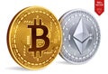 Bitcoin and Ethereum. 3D isometric Physical coins. Digital currency. Cryptocurrency. Golden bitcoin and silver Ethereum coins .